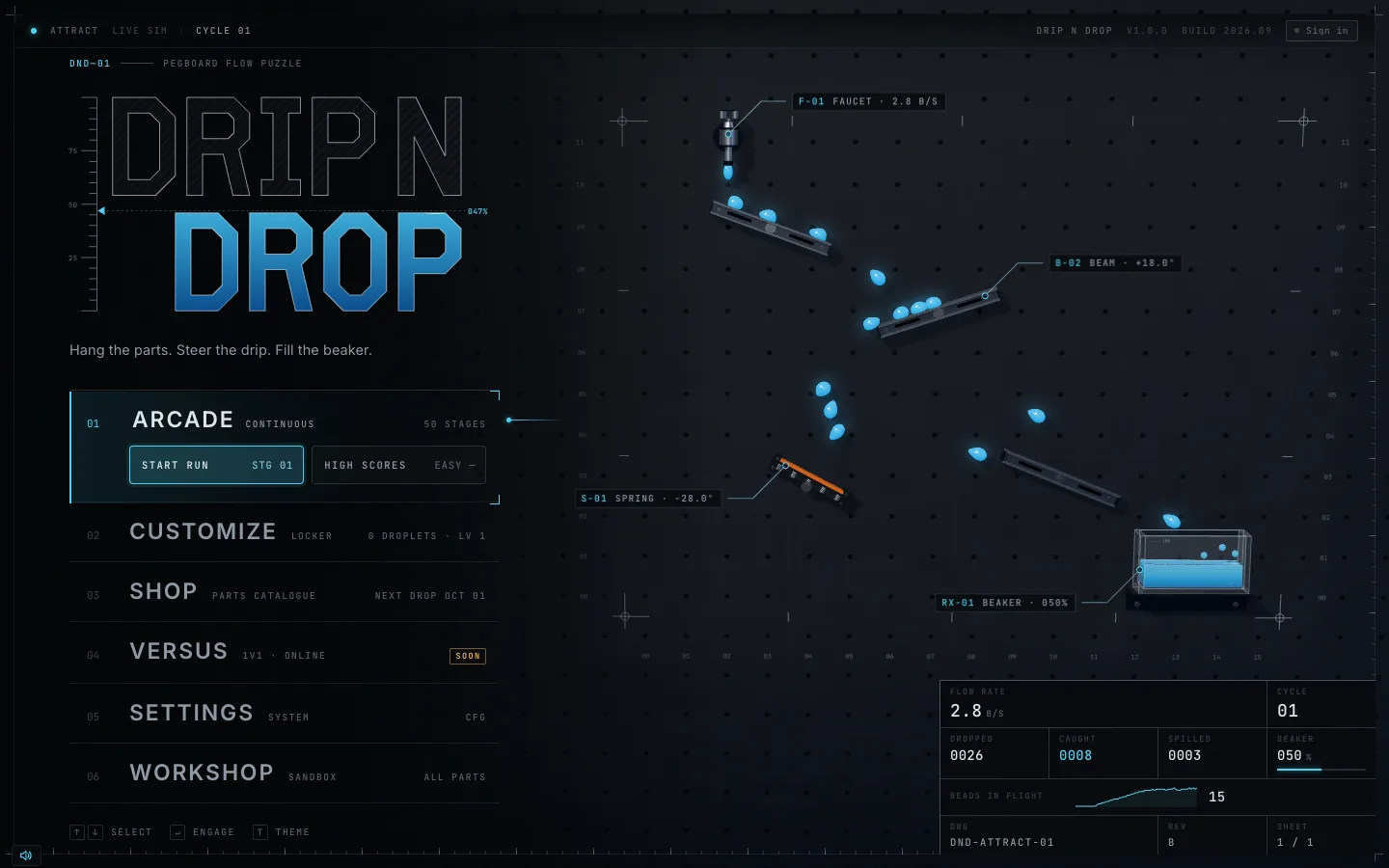 The main menu: the DRIP N DROP title block beside a live pegboard running an attract-mode machine.